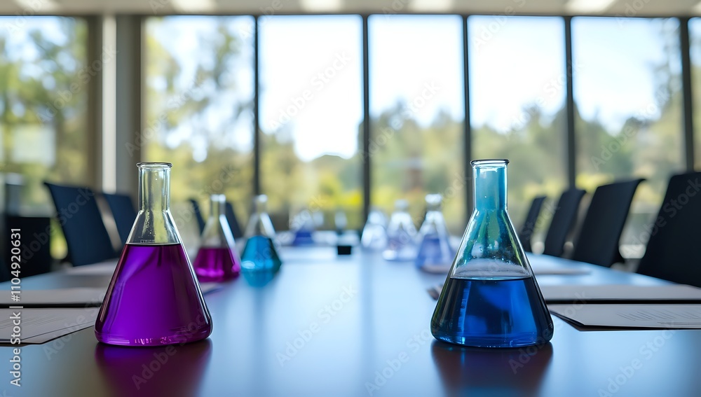 Poster laboratory conference room: colorful liquids in erlenmeyer flasks on a table with a view