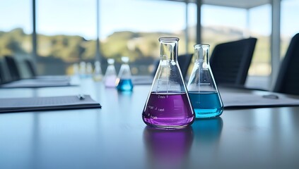 Scientific Research in Modern Laboratory Setting: Erlenmeyer Flasks with Colorful Liquids on a Table