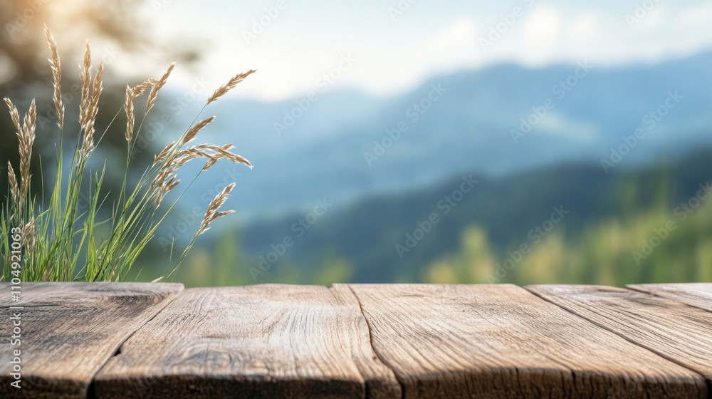 Poster empty wooden floor display with blurred nature view background