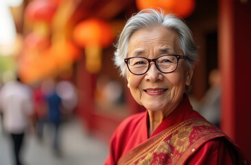 Smiling senior woman in red traditional attire during a festive cultural celebration. Bright outdoor scene with red lanterns in the background
