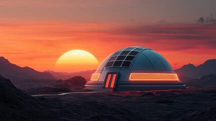 A futuristic dome-shaped structure on a rocky landscape under a vibrant sunset sky, suggesting advanced technology and exploration.