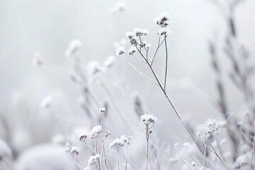 Delicate snow covered flowers in serene winter landscape