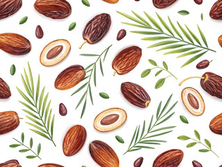 Seamless pattern with date fruit on white background.