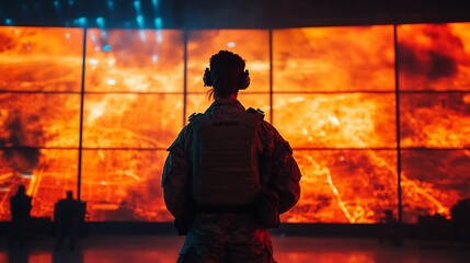 Military Commander Strategizing in a High Tech Command Center During Battle Simulation