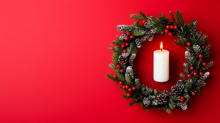 Christmas wreath with candle on red background.