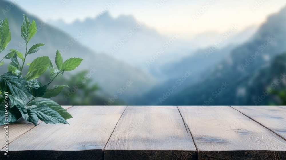 Poster empty wooden floor display with blurred nature view in background