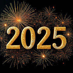 "2025" crafted with sparkling gold and silver glitter texture. Surround the text with a fireworks display in shimmering colors, giving a dazzling celebratory vibe.