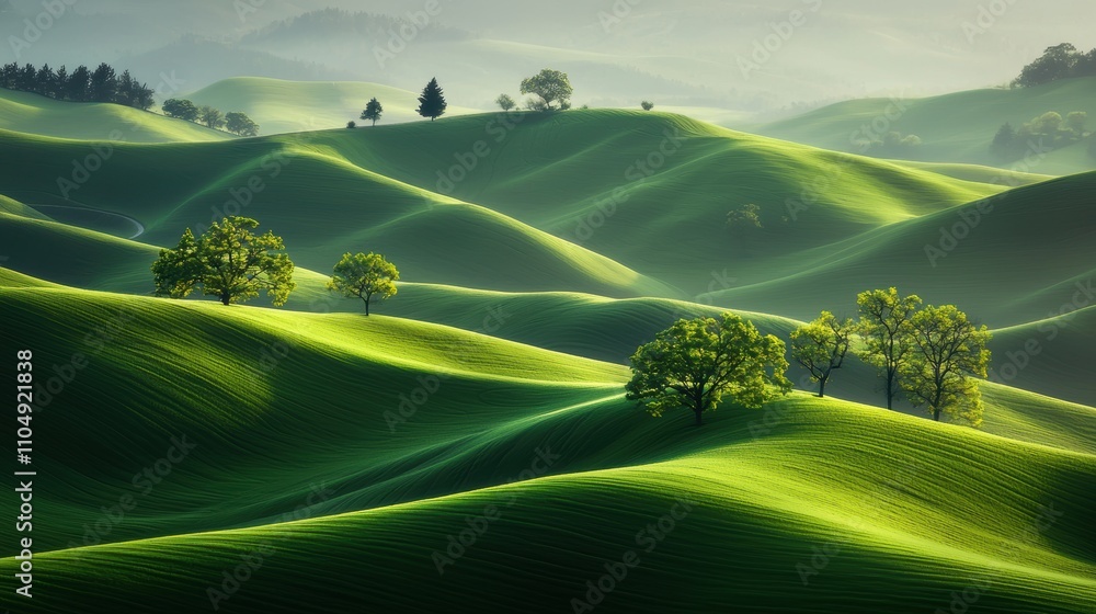 Poster rolling hills covered in lush green grass with wind creating visible waves in the landscape, evoking