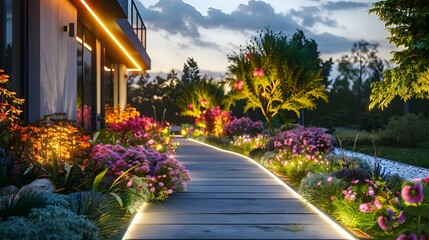  Illuminated Garden Pathway with Flowers at Dusk