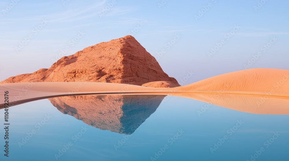 Poster a shimmering mirage in the desert, distorting the landscape and creating an illusion of water, conve