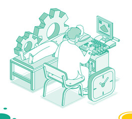Doctor doing ultrasound scan of the stomach to adult patient. Adult man lies on examination table at hospital or clinic. Isometric outline medical concept.