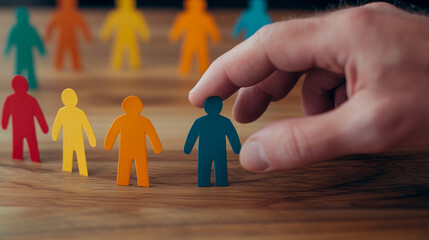 Colorful figures and hand on wooden table.