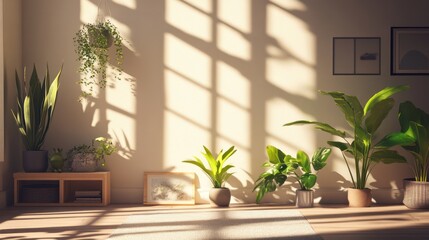 Fototapeta premium Sunlit Interior with Lush Greenery and Wooden Accents