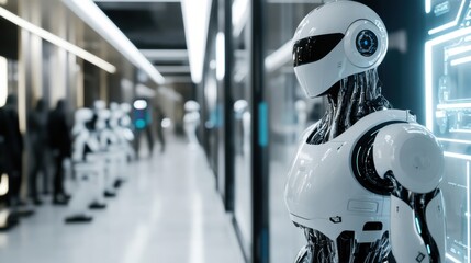 An AI-powered robotic assistant showroom, modern tech store with humanoid and specialized task robots on display, Futuristic Retail style