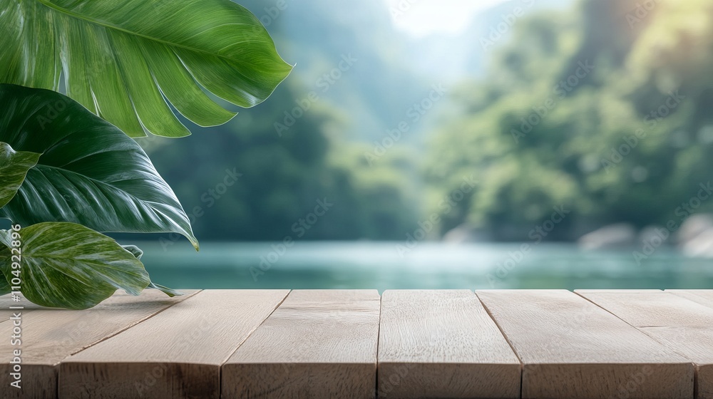Poster empty wooden floor display with blurred nature view background