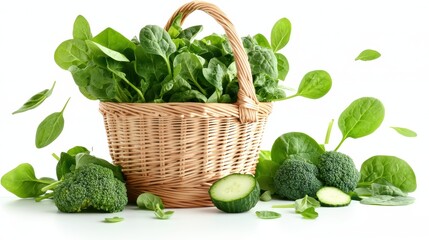 A wicker basket overflowing with fresh, leafy green vegetables such as spinach, kale, and broccoli, highlighting their rich iron and vitamin K content for healthy blood and bones.