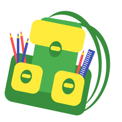 School backpack with accessories. Backpack with pencils. Green backpack.