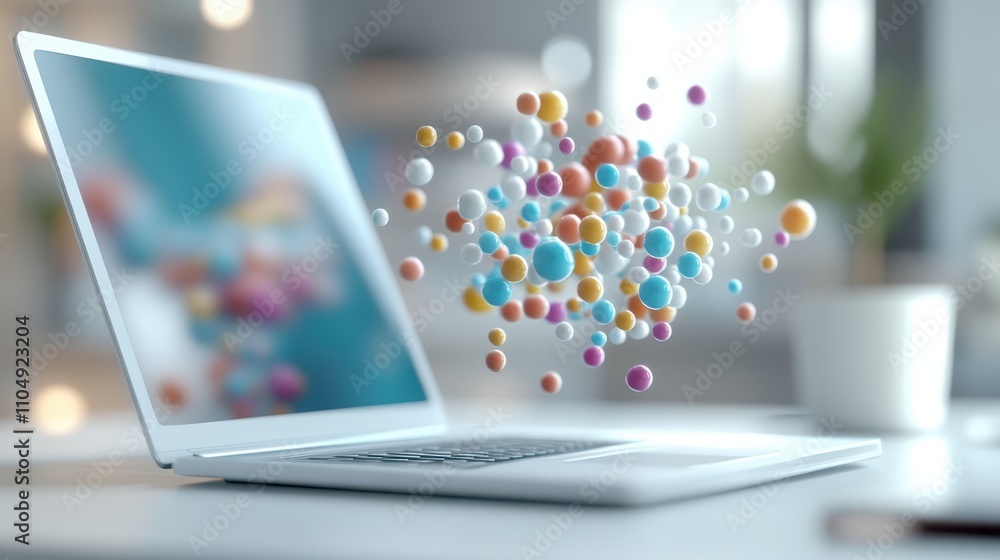 Poster vibrant 3d spheres floating out of a laptop screen in a bright, modern workspace. the scene conveys 