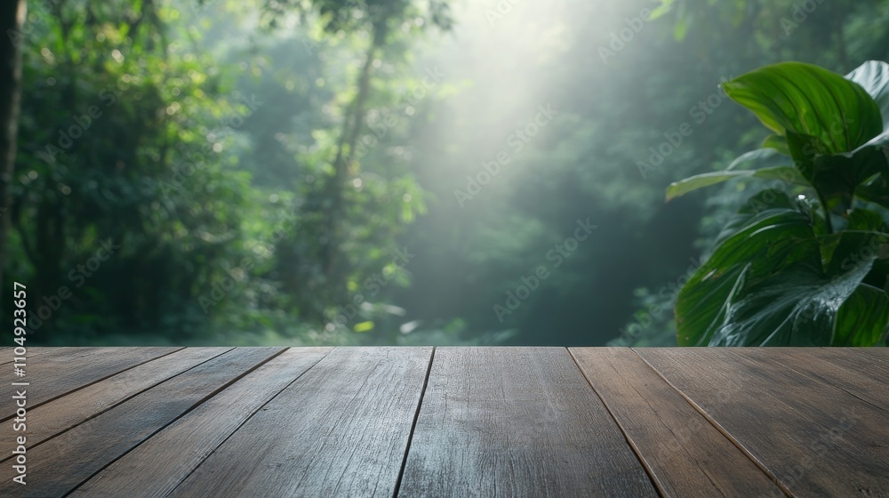 Poster empty wooden floor display with blurred nature view in background