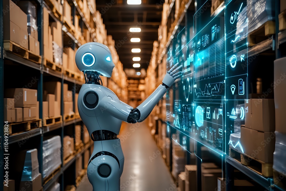 Poster warehouse automation: robot managing inventory with futuristic interface in modern logistics facilit