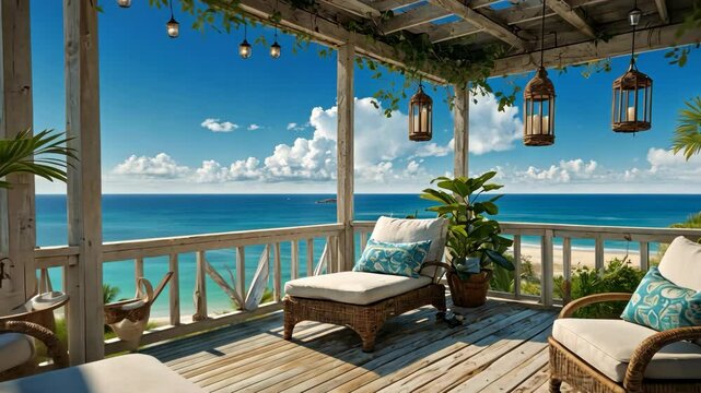 Video footage of serene beachside patio with wicker furniture, cushions, hanging lanterns, and lush plants under a pergola
