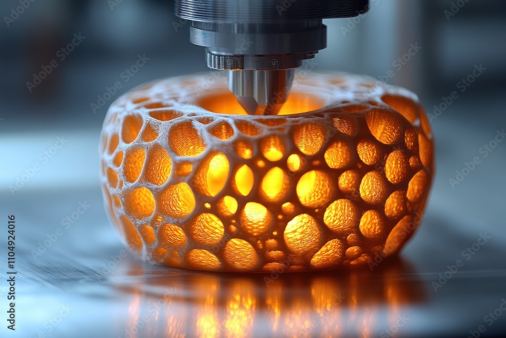 Poster a 3d printer nozzle extruding plastic filament to create a intricate, lattice-like object.