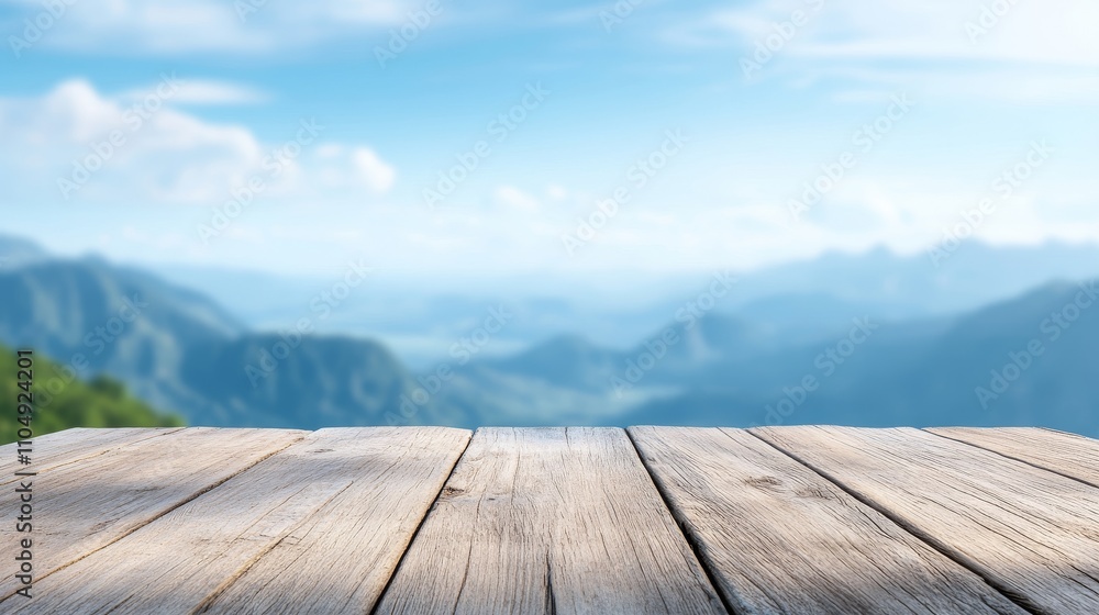 Poster empty wooden floor with blurred nature view in the background