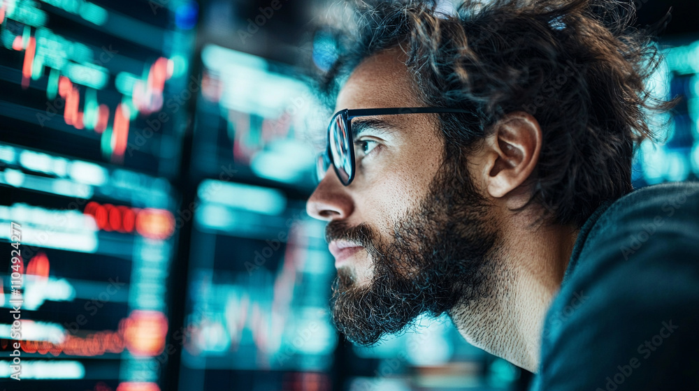 Poster ai generated analysis of financial data by a professional at an office technology environment close-