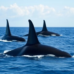 Obraz premium Three orcas swim in the ocean.