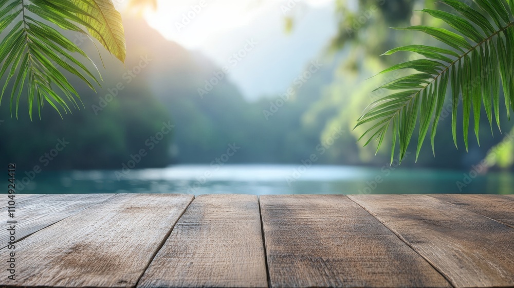 Poster empty wooden floor display with blurred nature view in background