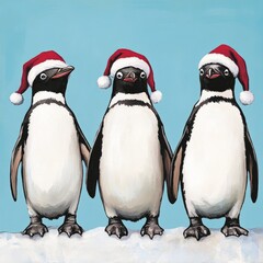 Three penguins in Santa hats standing on snow against a light blue background.