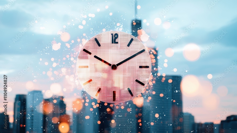 Poster a double exposure image of a cityscape and a clock face, representing the fast paced nature of moder