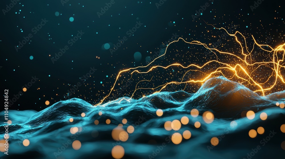 Poster an abstract composition of glowing energy waves and particles, conveying the dynamic and ever presen