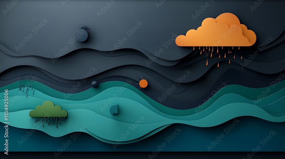 Poster dynamic abstract waves with clouds colorful paper art modern design indoor environment artistic view