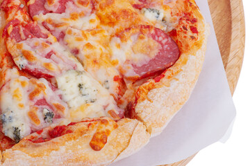 Pizza delivery. Pizza with salami and cheese in a paper box isolated.