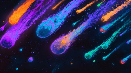 Neon comets set isolated on black background. Vector realistic illustration of asteroid rocks flying in sky with blue ice, orange fire, purple and green trails, meteorite rain, space galaxy elements