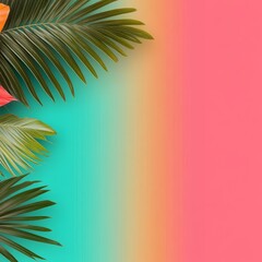 Fototapeta premium Tropical palm leaves on vibrant teal and pink gradient background.