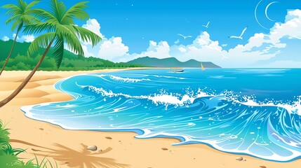 Fototapeta premium A cartoon illustration of a tropical beach scene with palm trees, blue water, and a mountain range in the background.