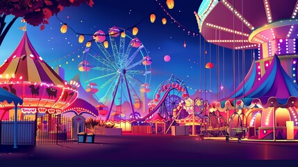 A colorful carnival scene at night with a Ferris wheel, a carousel, and other rides.