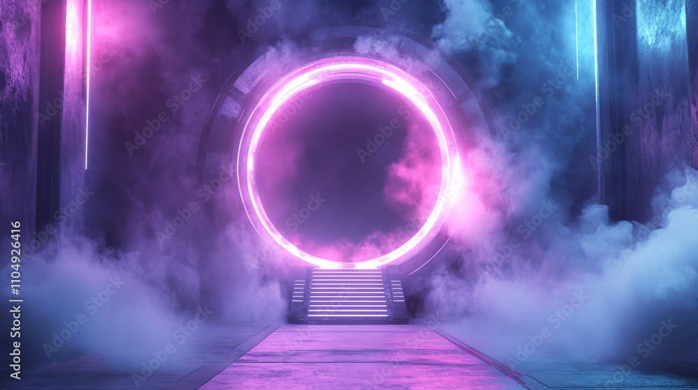 Poster glowing neon game portal - realistic vector illustration of futuristic teleport podium with smoke fo