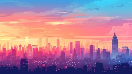 Fototapeta premium A stylized illustration of a city skyline with a colorful sunset.