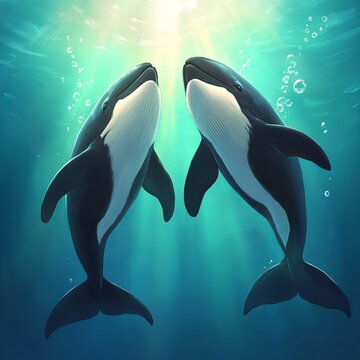 Two orcas facing each other underwater, sunlight beams above.