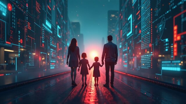 Family Walking in a Digital City with Cybersecurity Symbols and Copyspace