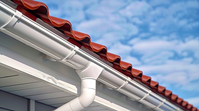 White PVC gutters on a red tile roof. Illustrates effective water drainage system for homes.