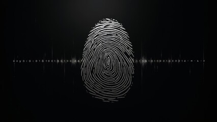 Artistic fingerprint merging into binary code on dark background with ample copyspace