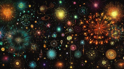 Obraz premium Vibrant and colorful new year fireworks display against a black sky, celebrating the arrival of the new year with dynamic explosions of light and color, perfect for holiday and festive backgrounds
