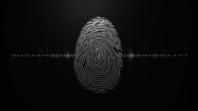 Artistic fingerprint merging into binary code on dark background with ample copyspace