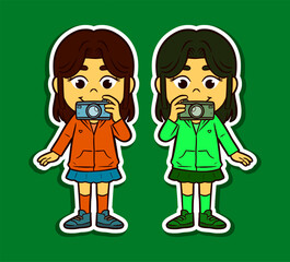 Girl Taking Photo Doodle Sticker Illustration