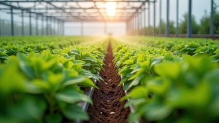 Efficient smart irrigation system watering vibrant green plants in a greenhouse at sunrise with digital monitor