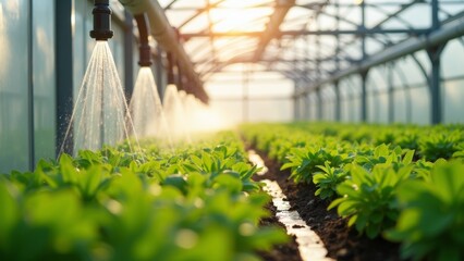 Sunlight streams through a greenhouse as an advanced irrigation system waters healthy plant rows